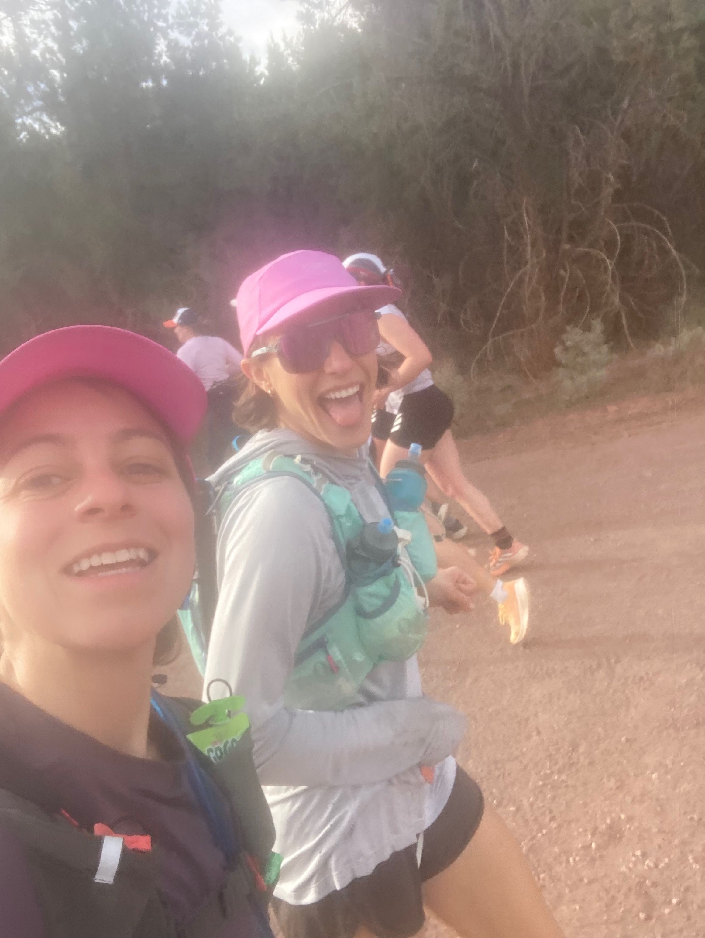 Friends running, happy, blurry selfie